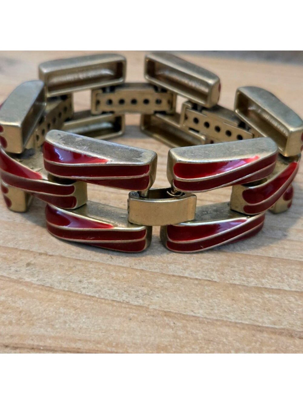 Gold & Red Enameled Chain Design Bangle Hinged 8" Bracelet - Picture 3 of 3